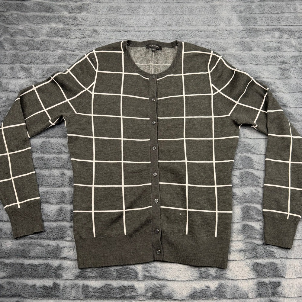 Ann Taylor Women Gray White Windowpane Grid Wool Blend Button Cardigan Large